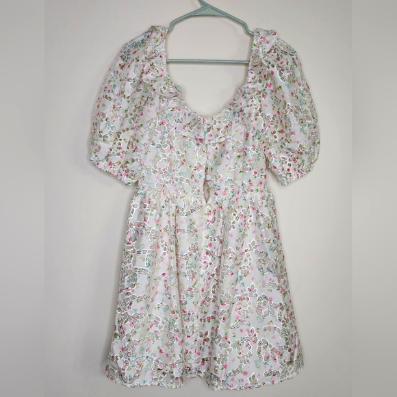 For Love & Lemons Magnolia Floral Lasercut Puff Sleeve Mini Dress Large Feminine - Picture 11 of 16